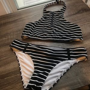 Navy blue and white high neck striped bikini